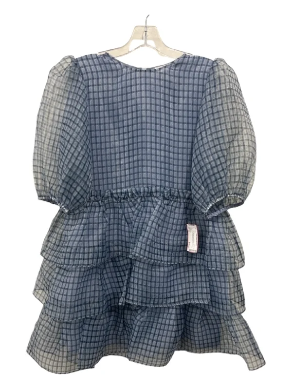 Ganni Size 36 Blue Polyester Windowpane Sheer Overlay Short Puff Sleeve Dress