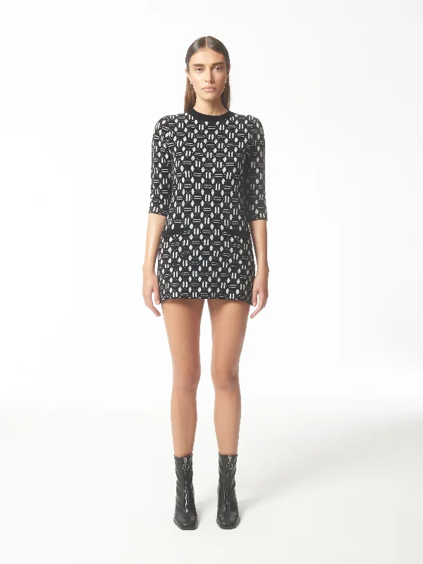 Geometric Jacquard Knit Dress in Black and White