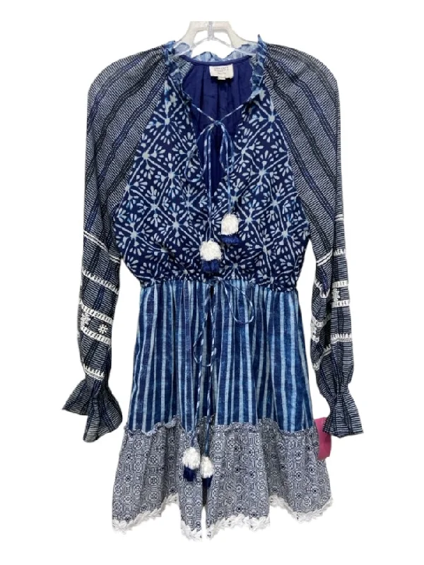 Hemant & Nandita Size S Navy Blue Print Polyester Long puff sleeve Dress