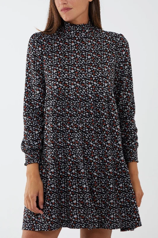 High Neck Abstract Print Smock Dress