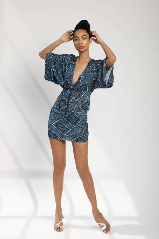 Indigo Blue Tile Print Draped Kimono Dress