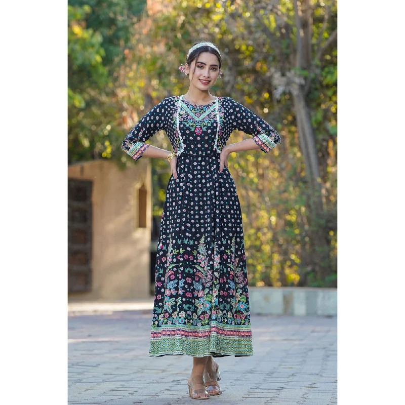 Juniper Black Rayon Printed Anarkali Dress With Tie-Up Dori (Set Of 2)