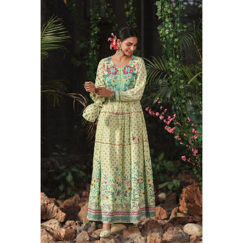 Juniper Lime Rayon Printed Tiered Dress With Tie-Up Dori (Set Of 2)