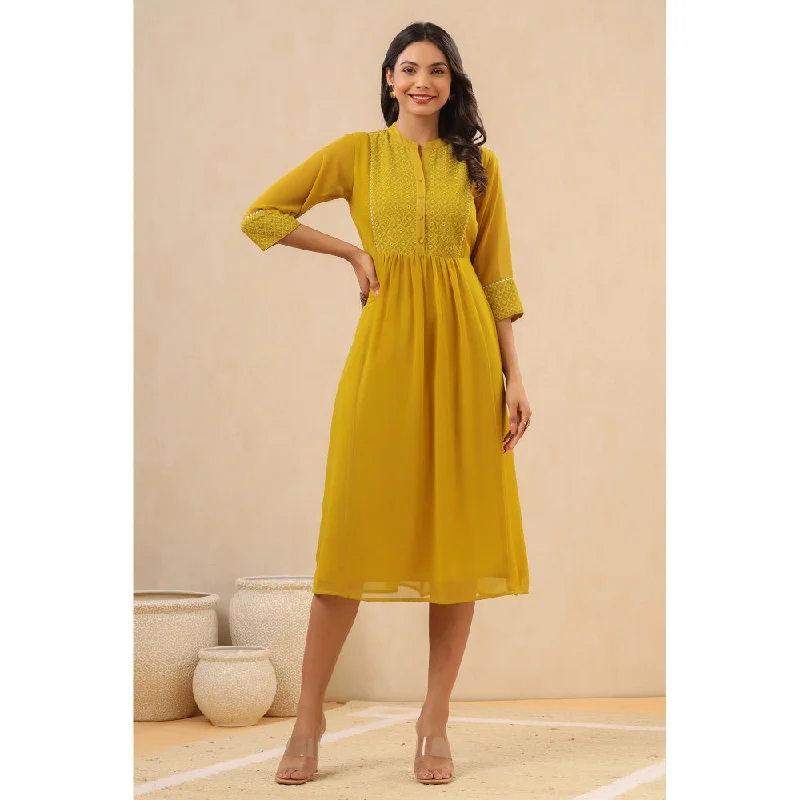 Juniper Womens Mustard Georgette Embroidered A-Line Dress