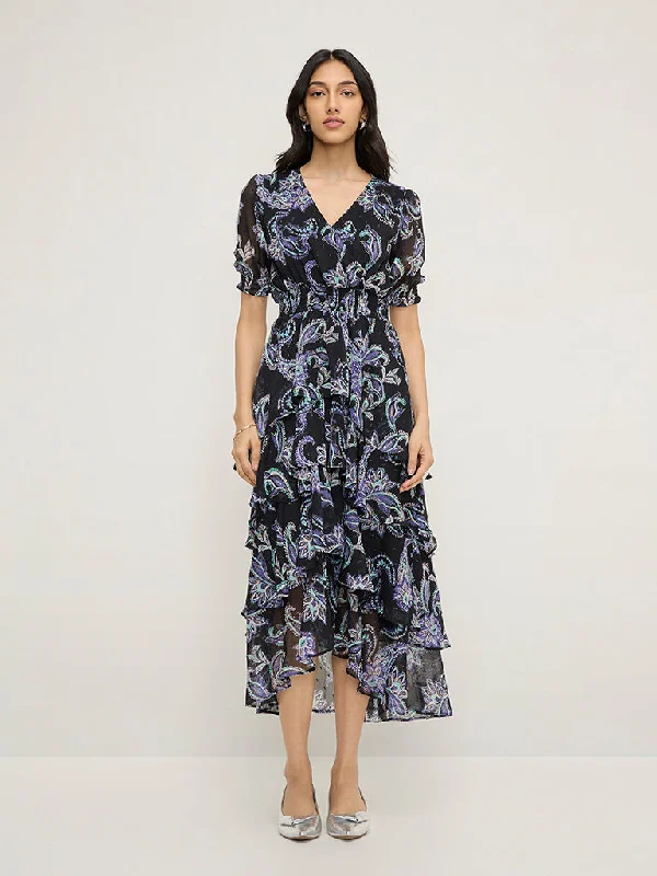 LOV Black Paisley Design Tiered Dress