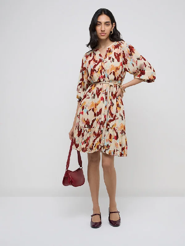 LOV Multicolour Abstract Printed A-Line Dress with Belt