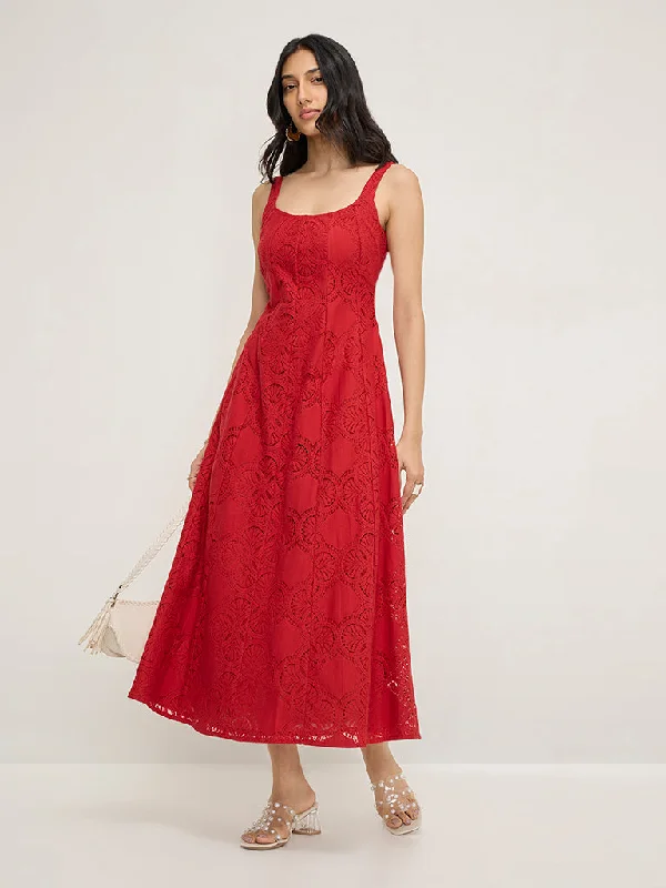 LOV Red Lace Design A-Line Dress