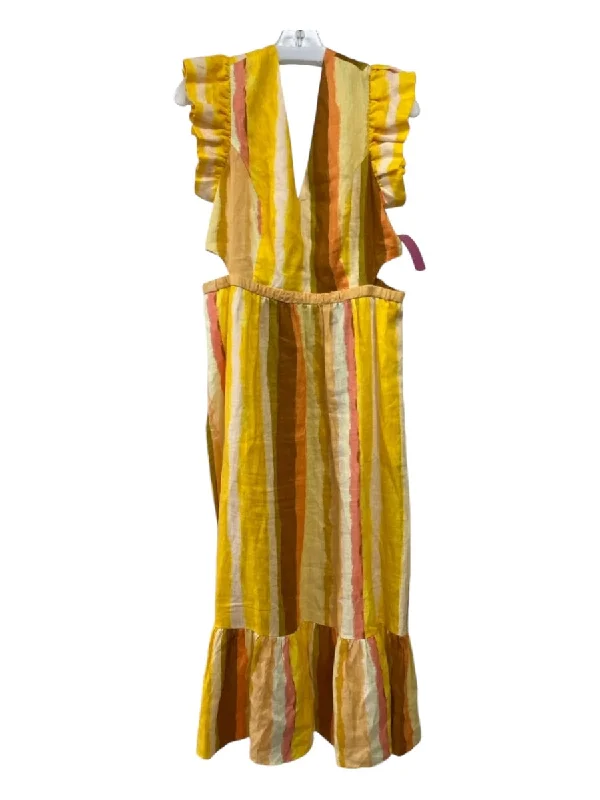 Marie Oliver Size 8 Yellow Linen V Neck Ruffle Cap Sleeve Printed Cut Out Dress