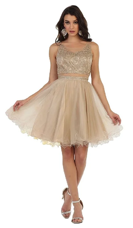 May Queen - MQ-1462SC Metallic Lace Appliques Cocktail Dress
