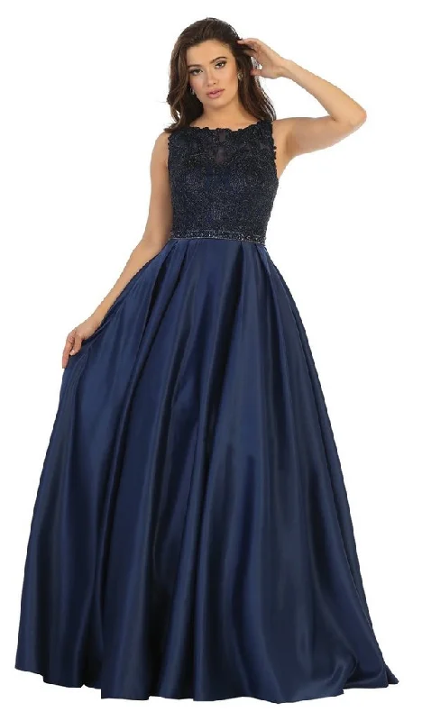 May Queen - RQ7744 Lace Bodice Beaded Waist A-Line Dress