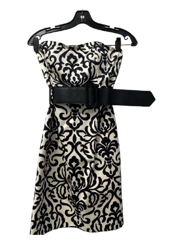 Milly Size 2 Cream & Black Cotton Strapless Belted Abstract Knee length Dress