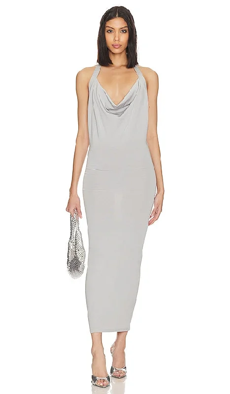NBD Blair Metallic Cowl Neck Dress in Light Grey