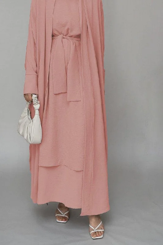 Prilla three piece abaya set with ling sleeve slip dress throw over and a belt in pink