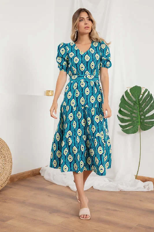 Printed V-neck Belted Dress