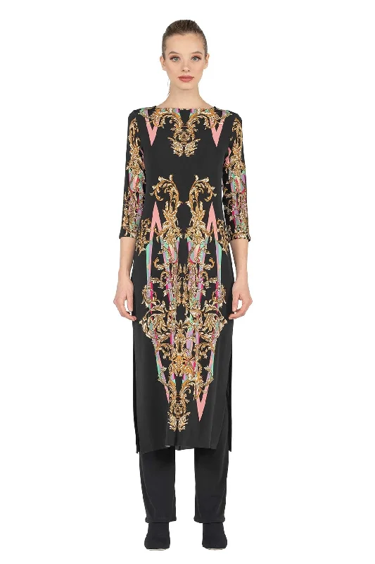 Raw Hemline 3/4 Sleeve Semi Loose Side Slit Below Knee Dress