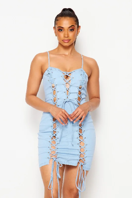 Sandra Denim Lace Up Front Tank Dress