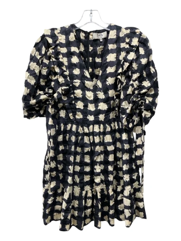 Sea New York Size XS Black & Beige Cotton Printed V Neck Ruffle Dress