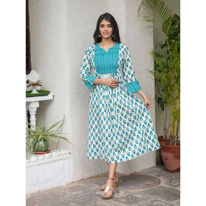 SVARCHI Cotton Buti Print Anarkali Dress-White