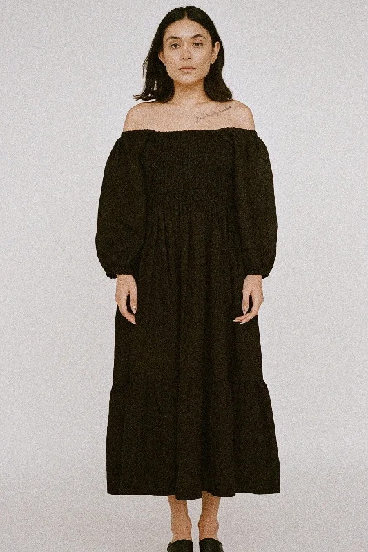 Smocked Bodice Dress - Black Linen