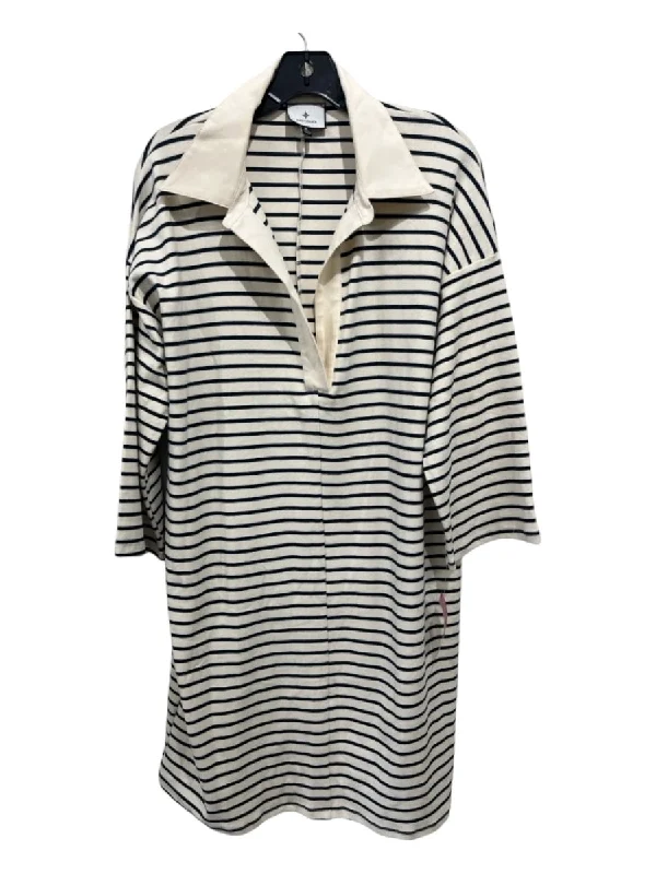 Tuckernuck Size XL Cream & Navy Cotton Striped 3/4 Sleeve Collared Dress