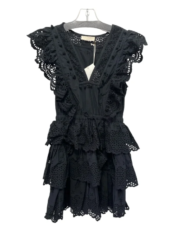 Ulla Johnson Size 6 Black Cotton Cap Sleeve Eyelet Balls Drawstring Waist Dress