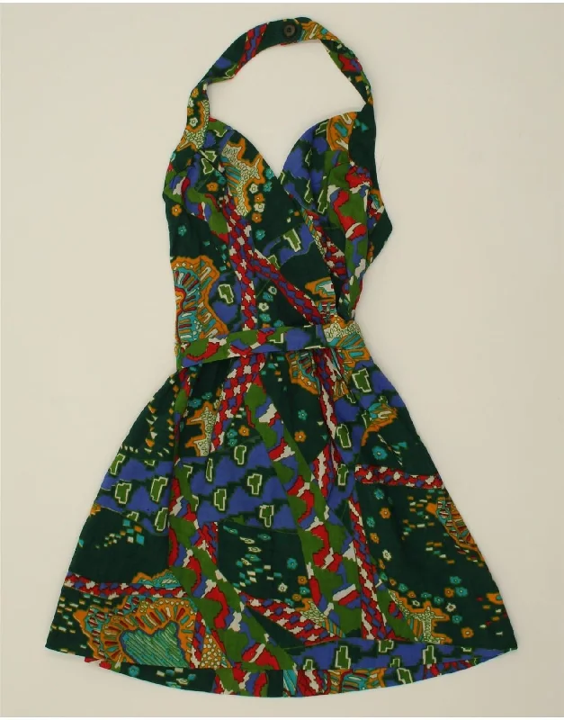 VINTAGE Womens Abstract Pattern Halter Dress UK 12 Medium Green