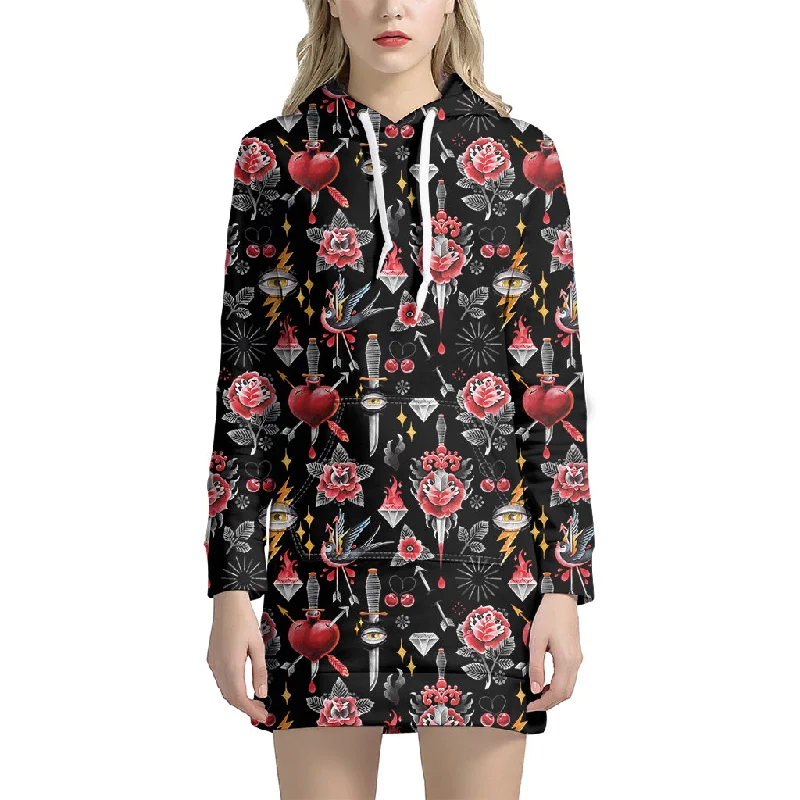 Watercolor Tattoo Print Pullover Hoodie Dress