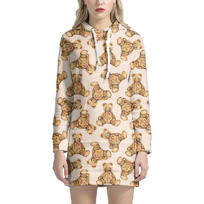 Watercolor Teddy Bear Pattern Print Pullover Hoodie Dress
