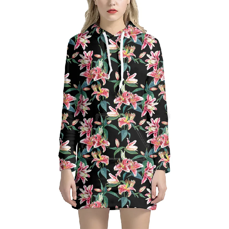 Watercolor Tropical Lily Pattern Print Pullover Hoodie Dress