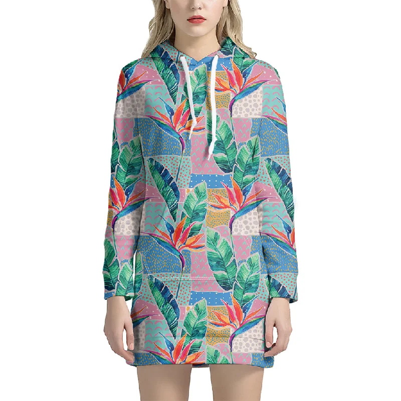 Watercolor Tropical Patchwork Print Pullover Hoodie Dress