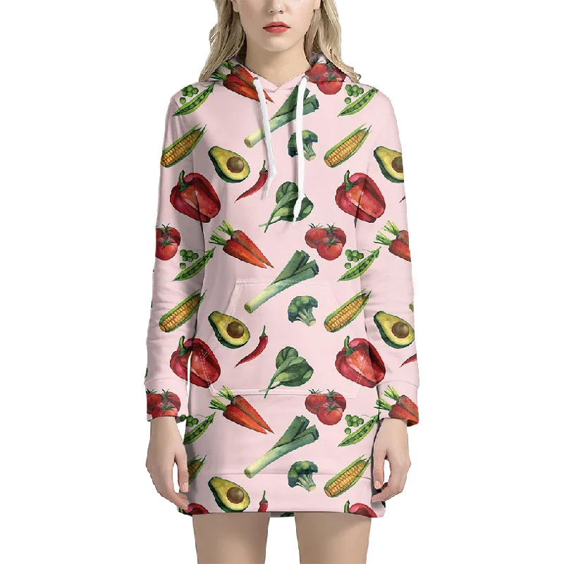 Watercolor Vegan Pattern Print Pullover Hoodie Dress