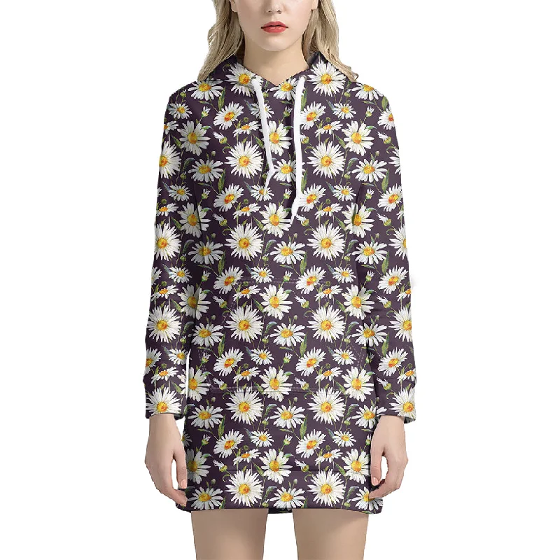 Watercolor White Daisy Pattern Print Pullover Hoodie Dress