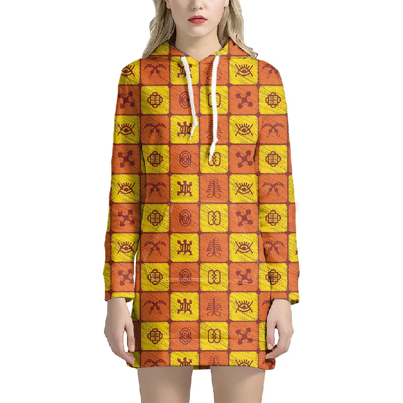 West Adinkra Symbols Pattern Print Pullover Hoodie Dress