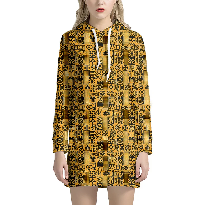 West African Adinkra Tribe Symbols Pullover Hoodie Dress