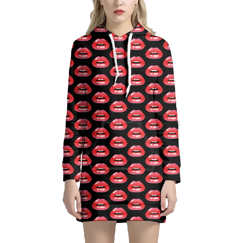 Wet Lips Pattern Print Pullover Hoodie Dress