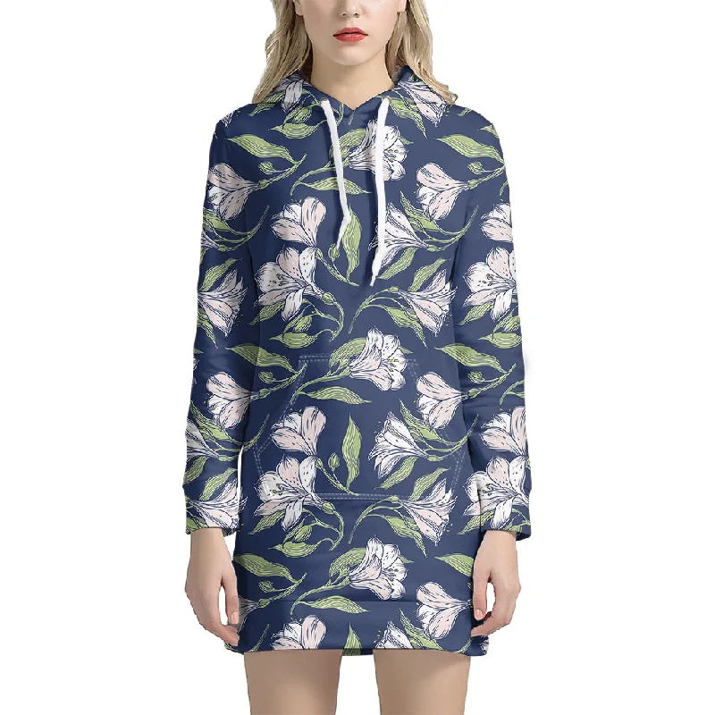 White Alstroemeria Pattern Print Pullover Hoodie Dress