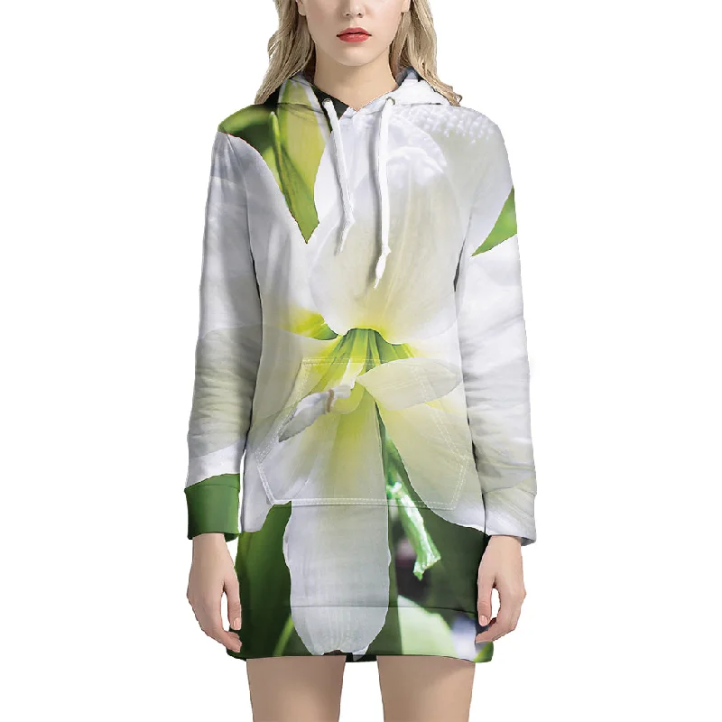 White Amaryllis Print Pullover Hoodie Dress
