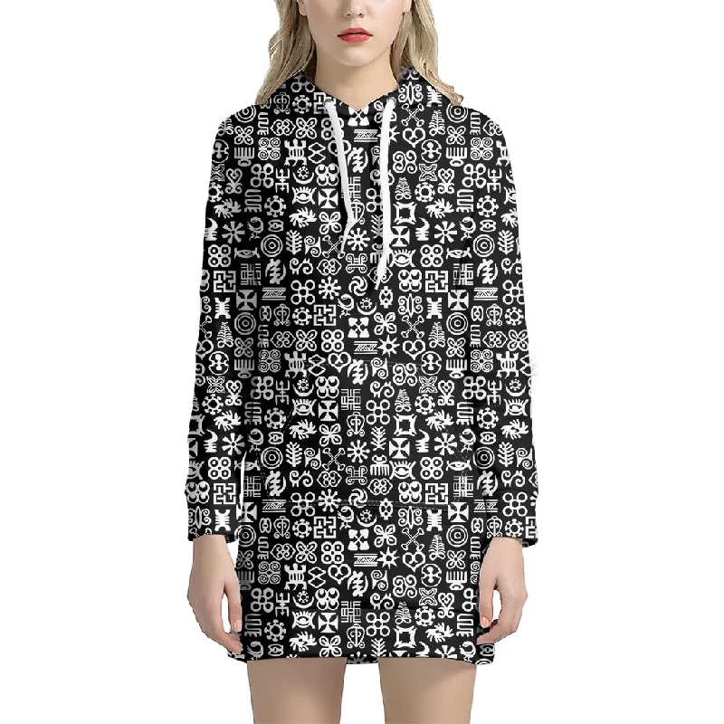 White And Black Adinkra Symbols Print Pullover Hoodie Dress
