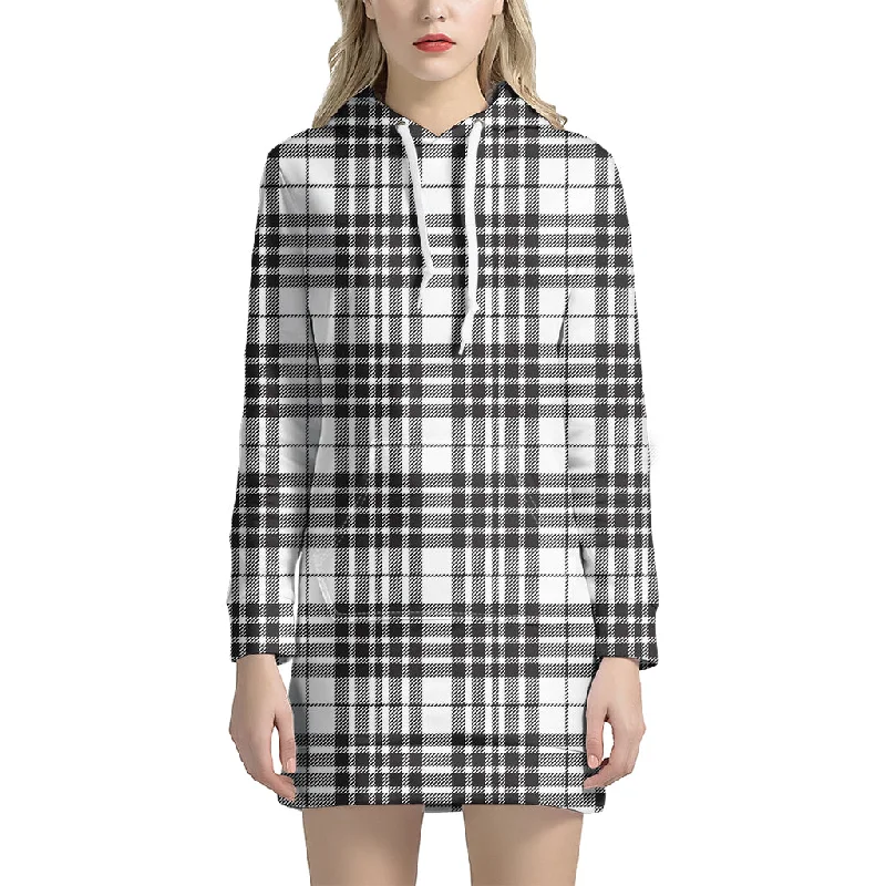 White And Black Border Tartan Print Pullover Hoodie Dress