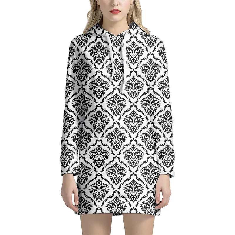 White And Black Damask Pattern Print Pullover Hoodie Dress