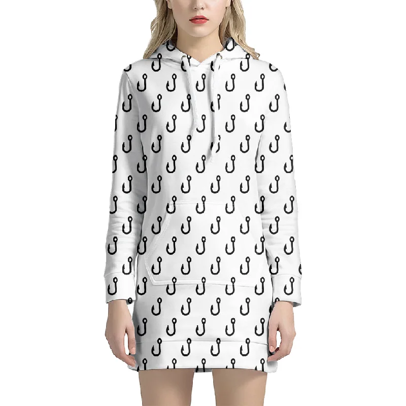 White And Black Fishing Hooks Print Pullover Hoodie Dress
