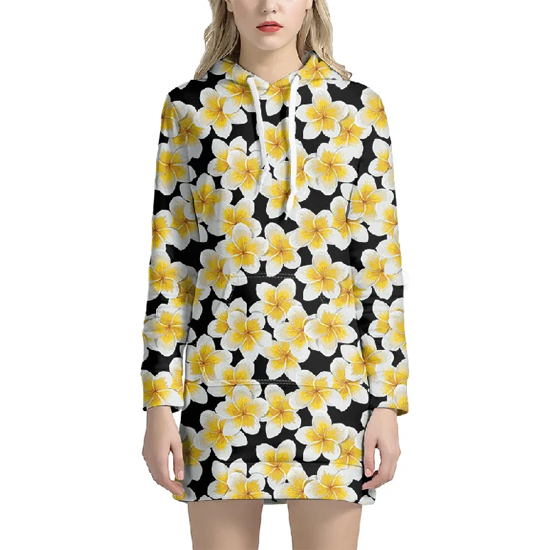 White And Black Frangipani Pattern Print Pullover Hoodie Dress