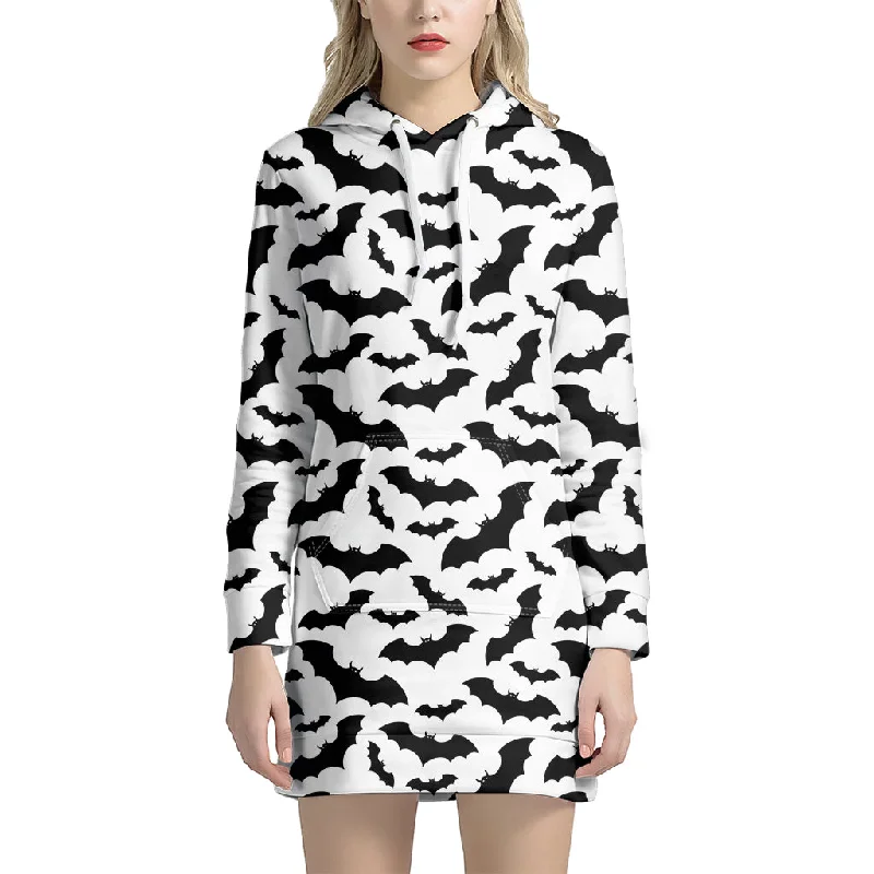 White And Black Halloween Bat Print Pullover Hoodie Dress