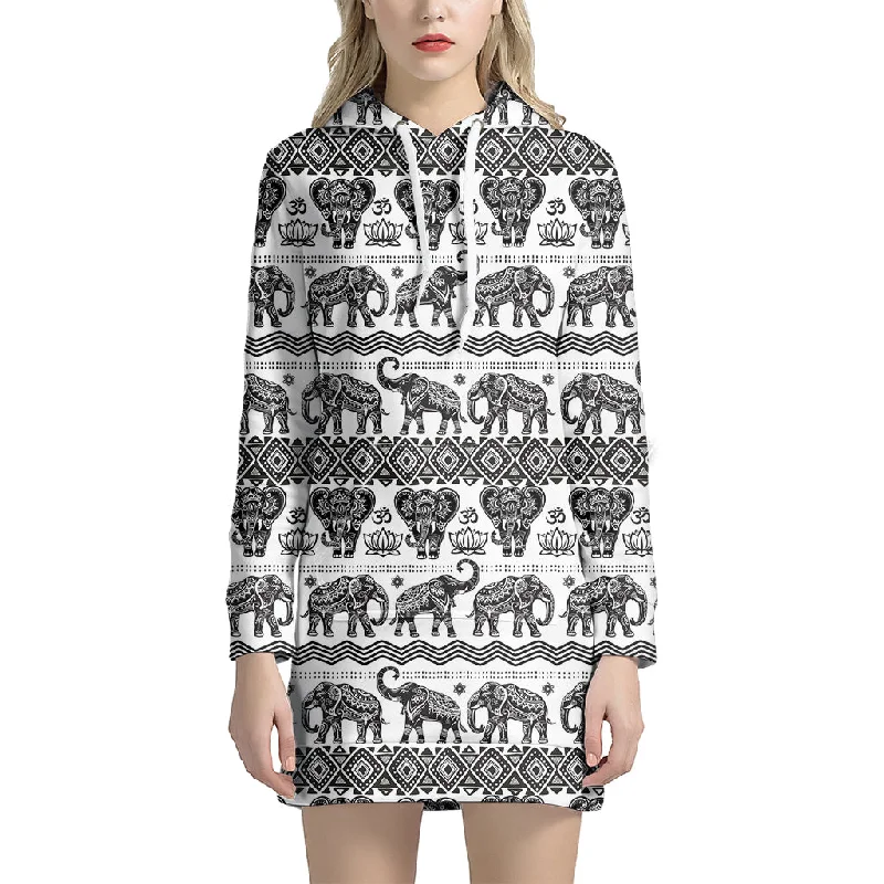 White And Black Indian Elephant Print Pullover Hoodie Dress