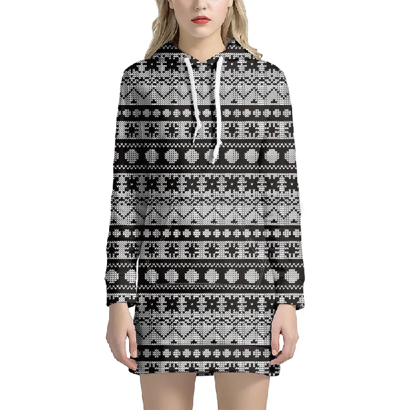 White And Black Knitted Pattern Print Pullover Hoodie Dress