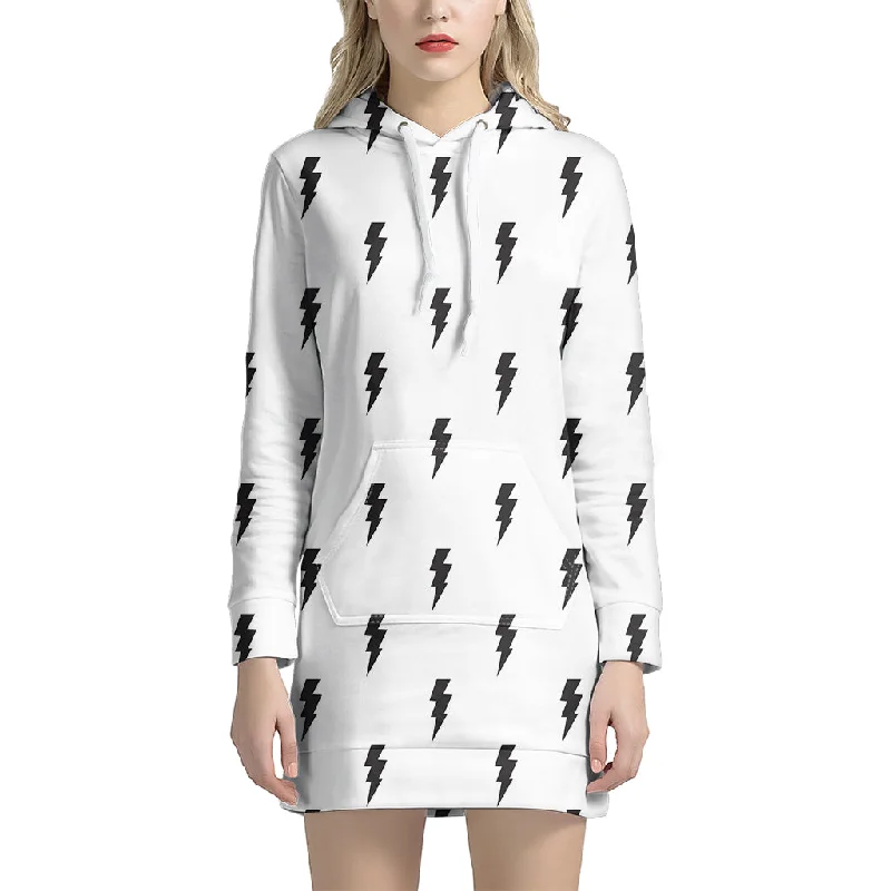 White And Black Lightning Pattern Print Pullover Hoodie Dress