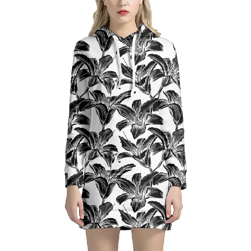 White And Black Lily Pattern Print Pullover Hoodie Dress
