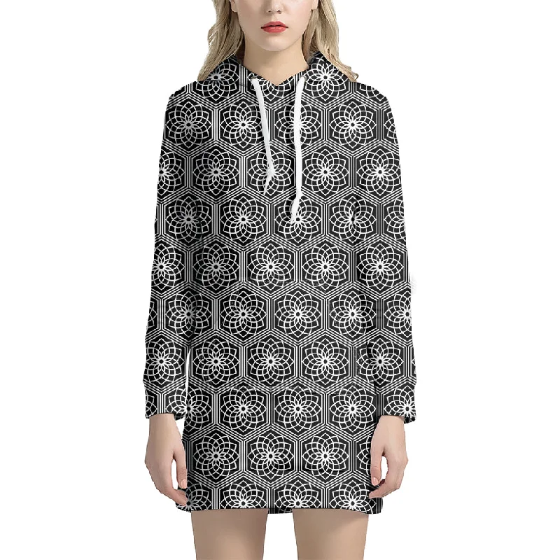 White And Black Lotus Pattern Print Pullover Hoodie Dress