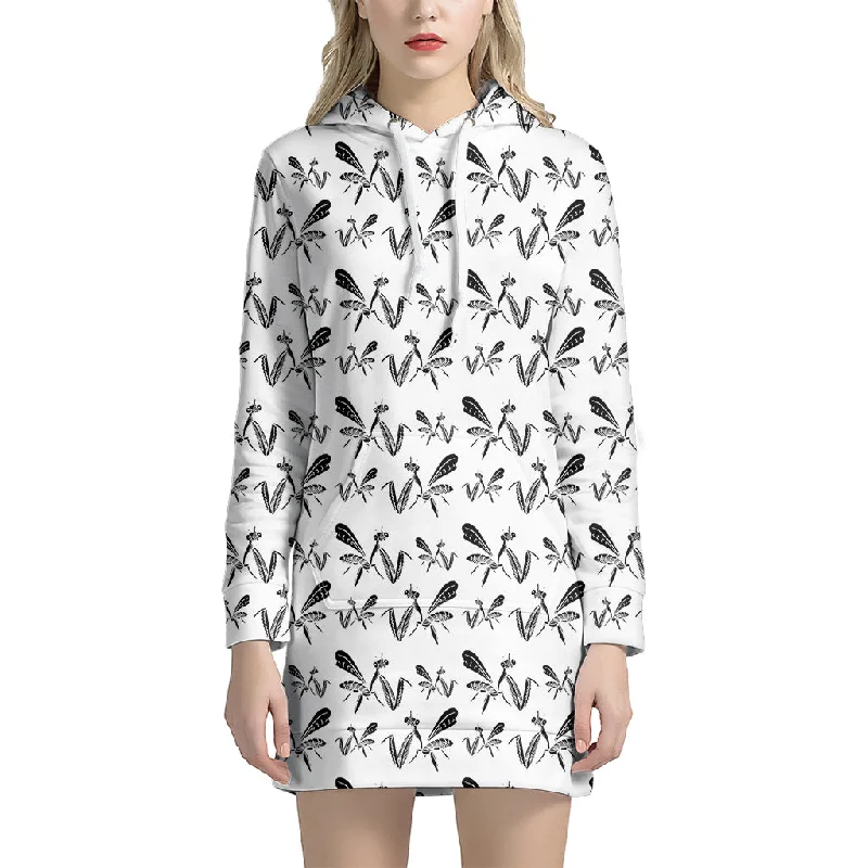White And Black Mantis Pattern Print Pullover Hoodie Dress