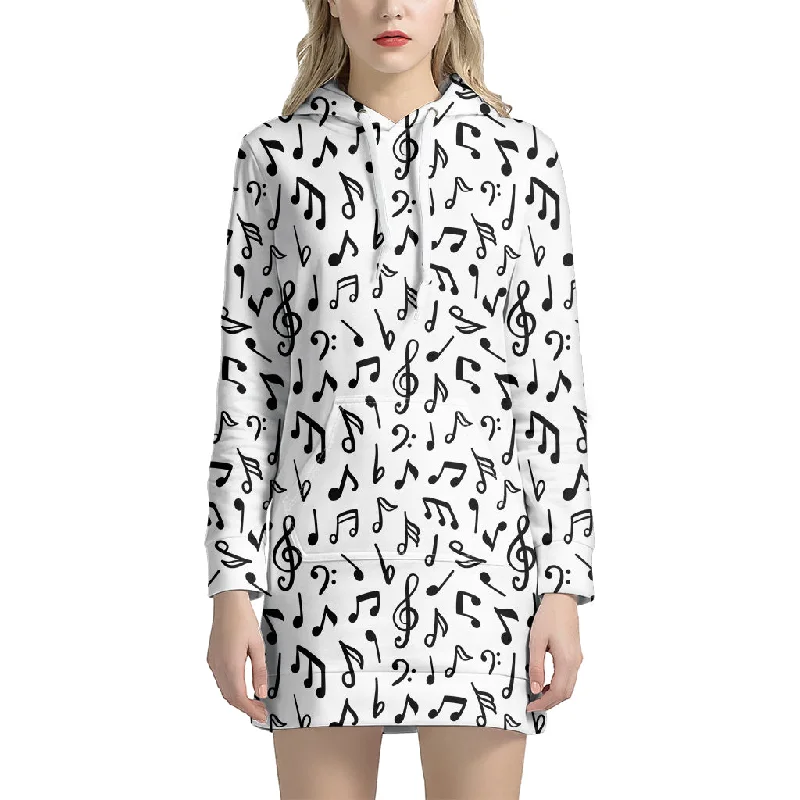 White And Black Music Note Pattern Print Pullover Hoodie Dress